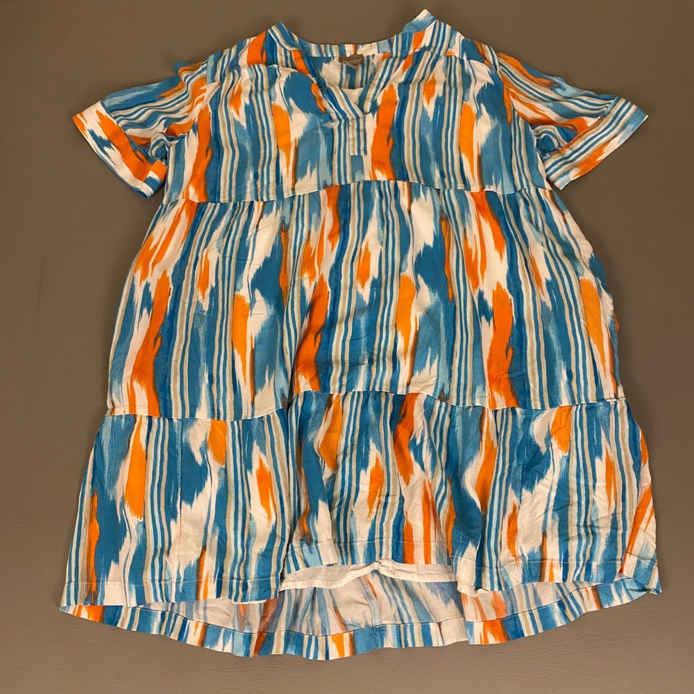 Chicos Tunic Dress Womens Size 3 Blue Orange White Ikat Tiered Babydoll *Flawed*